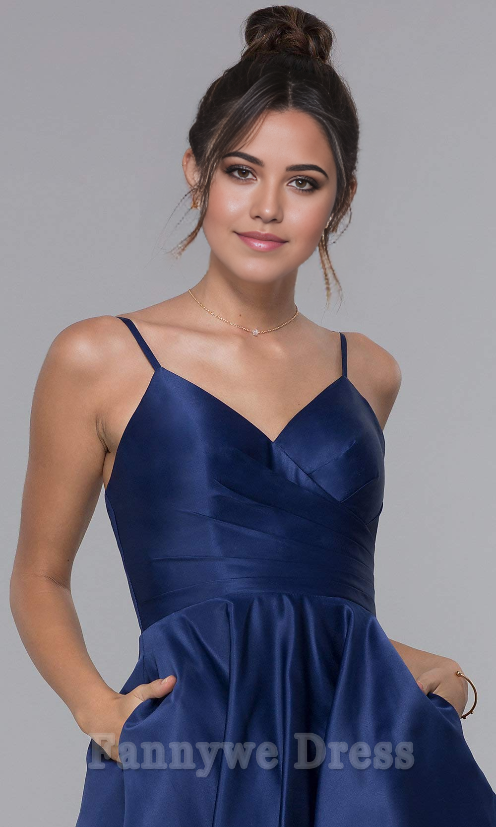 A-line V Neck Spaghetti Straps Pleated Satin Long formal dresses evening gown Prom Dress with Pockets