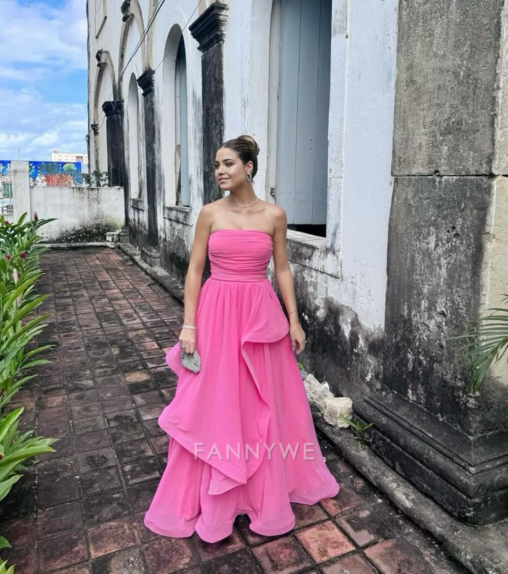 A-Linie Trägerlos Rosa Lange Abendkleider Brautjungfernkleider Abendkleid Ballkleid 