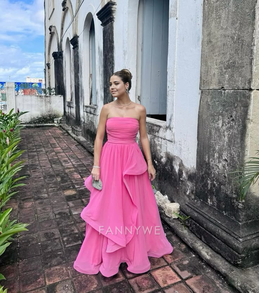 A-Linie Trägerlos Rosa Lange Abendkleider Brautjungfernkleider Abendkleid Ballkleid 