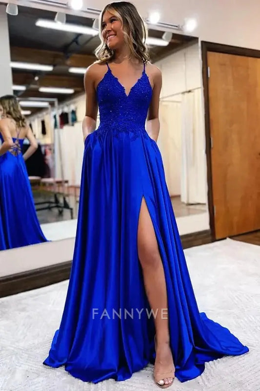 A-line V-neck Spaghetti Straps Satin formal dresses Bridesmaid Dresses evening gown Prom Dress With Slit