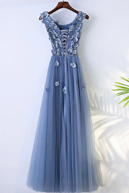 Round neck tulle lace applique long prom dress