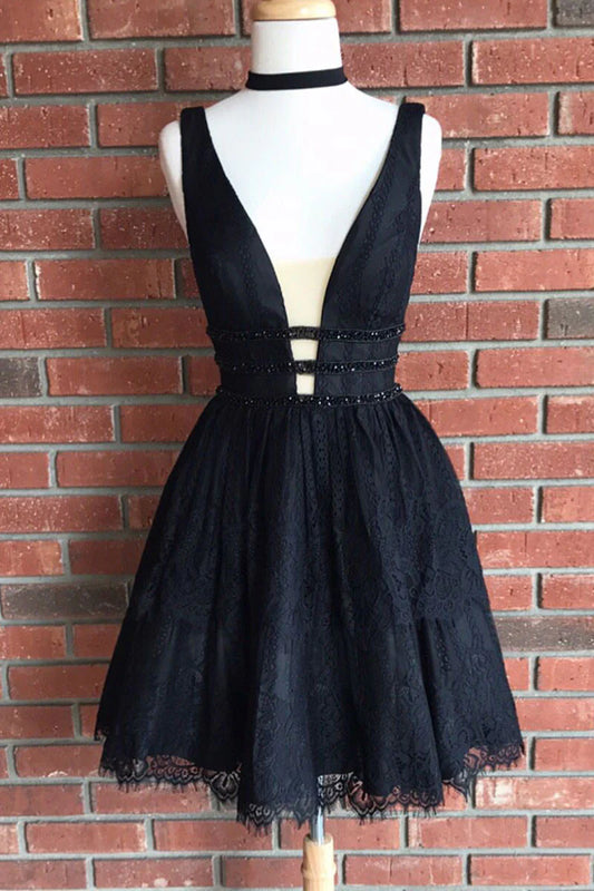 V neck lace short prom dress