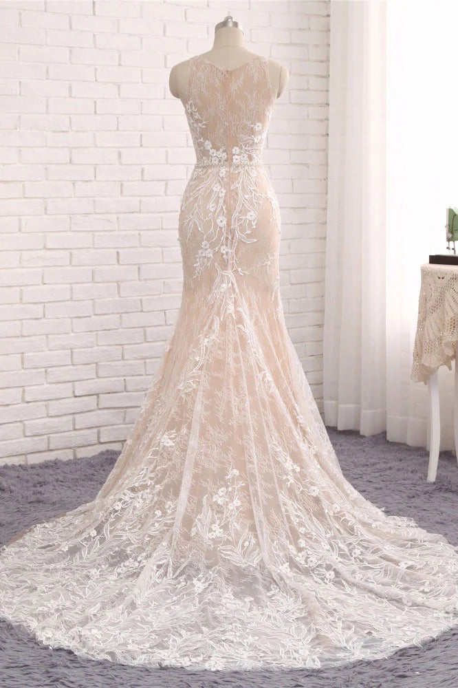 Mermaid Round neck lace long wedding dress