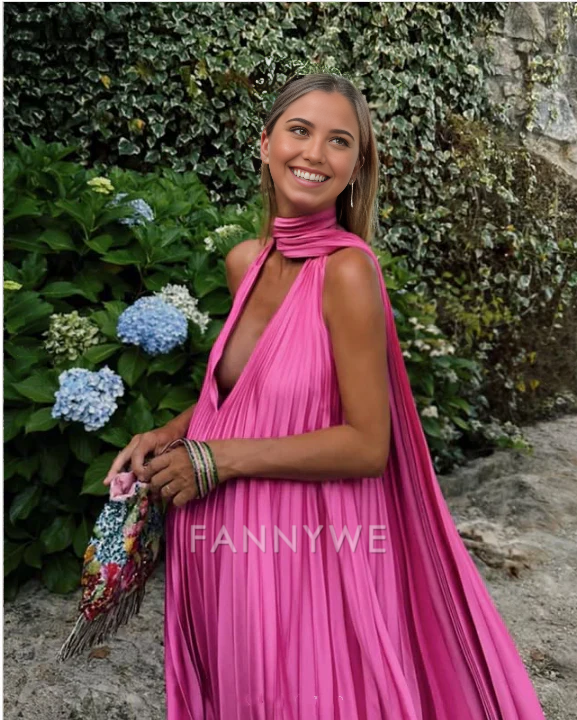 A-Line Halter Deep V Satin Pink Long formal dresses Bridesmaid Dresses evening gown Prom Dress