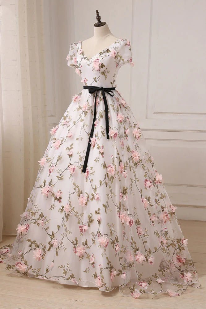 V neck 3D applique long prom dress