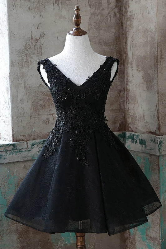 V neck tulle lace short prom dress