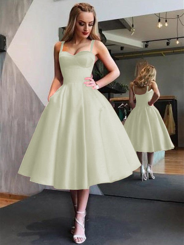 A-Line Straps Satin Sleeveless With Ruffles Tea-Length Dresses