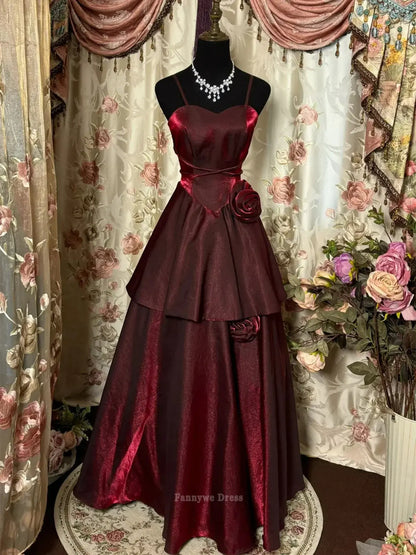 A-Linie Spaghettiträger Satin Burgund Lange Abendkleider Brautjungfernkleider Abendkleid Ballkleid 