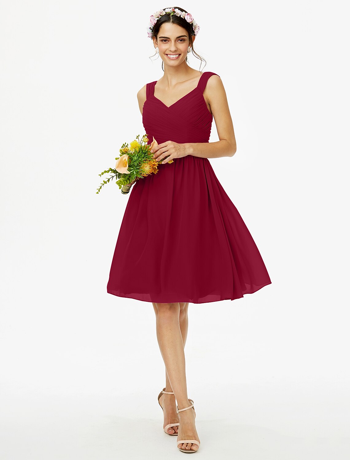 A-Line Bridesmaid Dress Straps Sleeveless Open Back Knee Length Chiffon with Sash / Ribbon / Bow(s) / Criss Cross