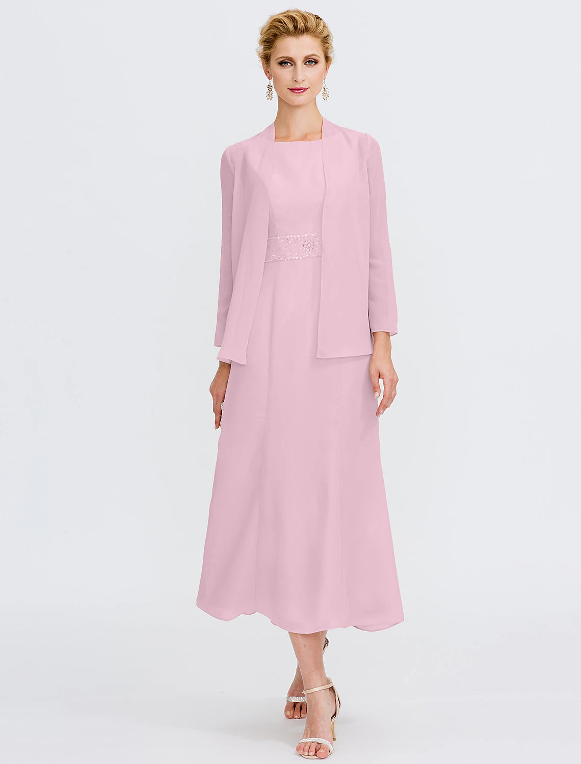 Vestido de dos piezas tipo tubo/columna para madre de la novia, para invitadas de boda de otoño, talla grande, elegante, cuello joya, largo hasta la rodilla, de gasa, sin mangas, cruzado, incluido con faja/cinta, pliegues y abalorios