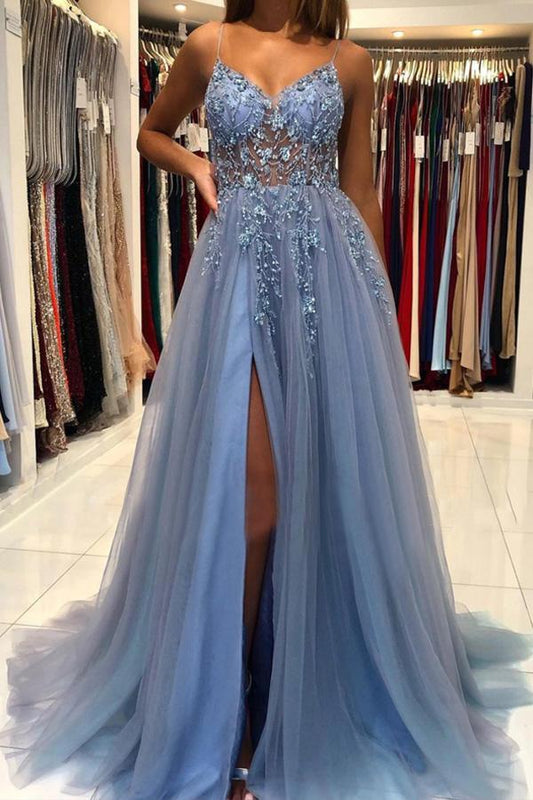 A Line V Neck Tulle Long Prom Dresses