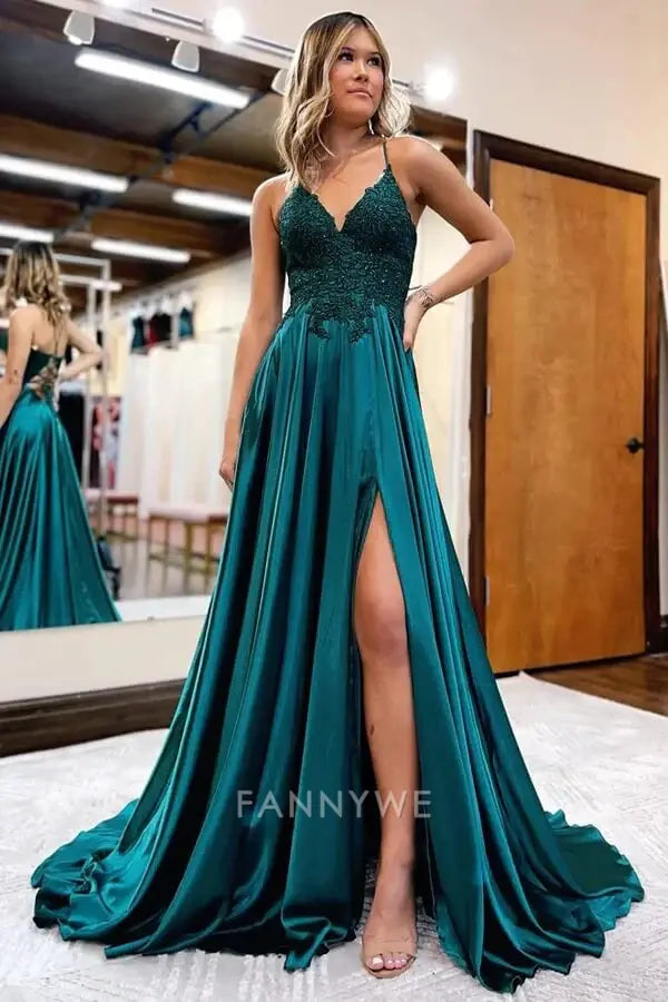 A-line V-neck Spaghetti Straps Satin formal dresses Bridesmaid Dresses evening gown Prom Dress With Slit