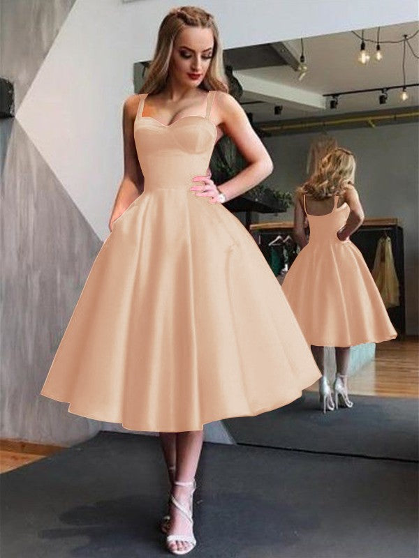 A-Line Straps Satin Sleeveless With Ruffles Tea-Length Dresses