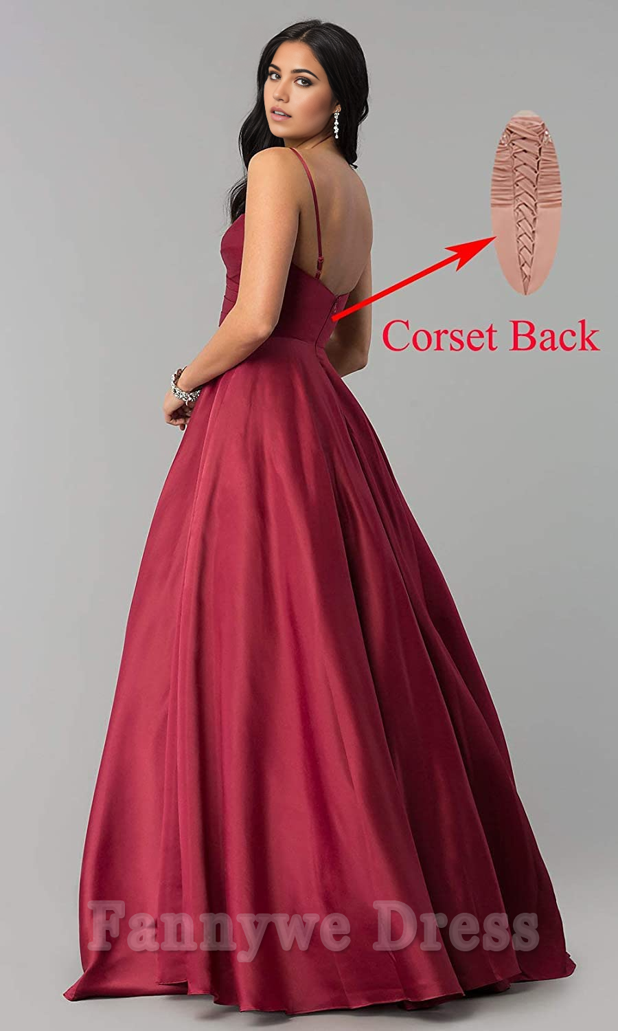 A-line V Neck Spaghetti Straps Pleated Satin Long formal dresses evening gown Prom Dress with Pockets