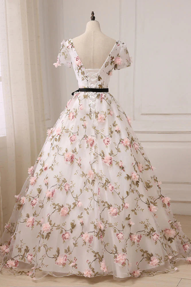 V neck 3D applique long prom dress