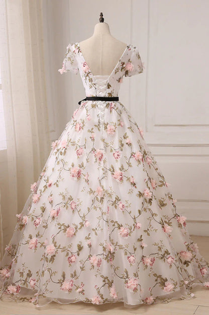 V neck 3D applique long prom dress