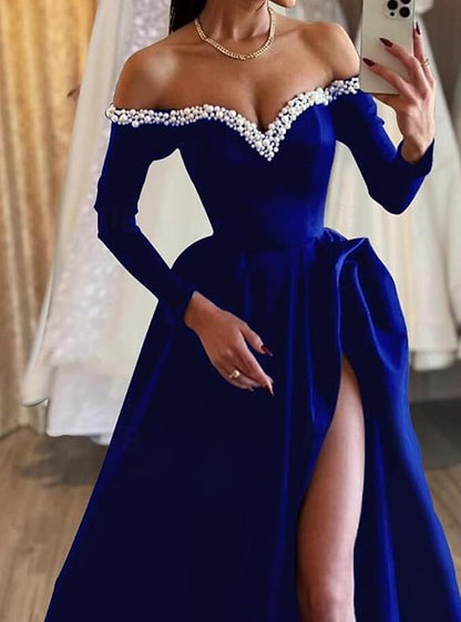 Vestido de noche formal de satén con abertura y perla, corte A, sexy, con escote tipo swing, manga larga y hombros descubiertos