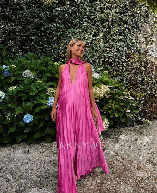 A-Linie Neckholder Deep V Satin Pink Lange Abendkleider Brautjungfernkleider Abendkleid Ballkleid 