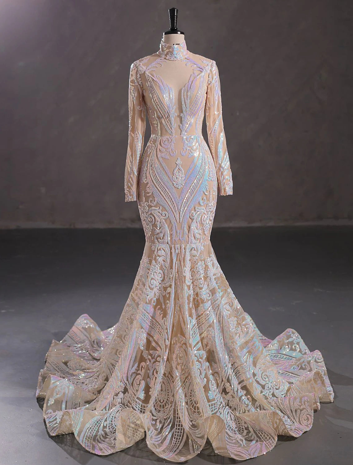 Mermaid / Trumpet Evening Gown Elegant Dress Engagement Court Train Long Sleeve Stand Collar Lace with Sequin