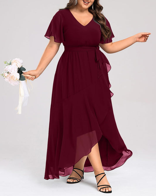 Plus Size A-Linie V-Ausschnitt Rüschen Chiffon Abendkleider Brautjungfernkleider Abendkleid Ballkleid mit High Low Split 