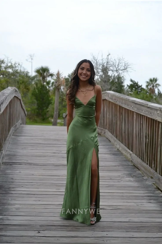 Etuikleid, schlicht, V-Ausschnitt, Spaghettiträger, grün, lang, formelle Kleider, Brautjungfernkleider, Abendkleid, Ballkleid mit Schlitz 