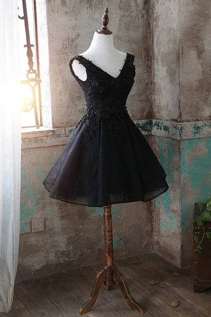 V neck tulle lace short prom dress