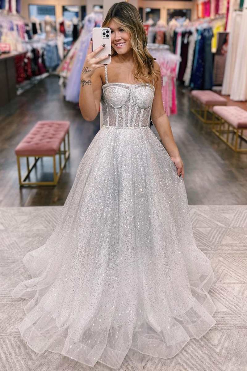 Vestido de fiesta de princesa con tirantes y lentejuelas de corte A