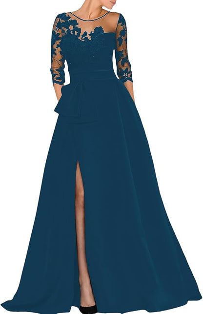A-Line Elegant Wedding Guest Dress Court Train Jewel Neck 3/4 Sleeves Evening Gown with Beaded Appliques Slits Mother of the Bride Dresses