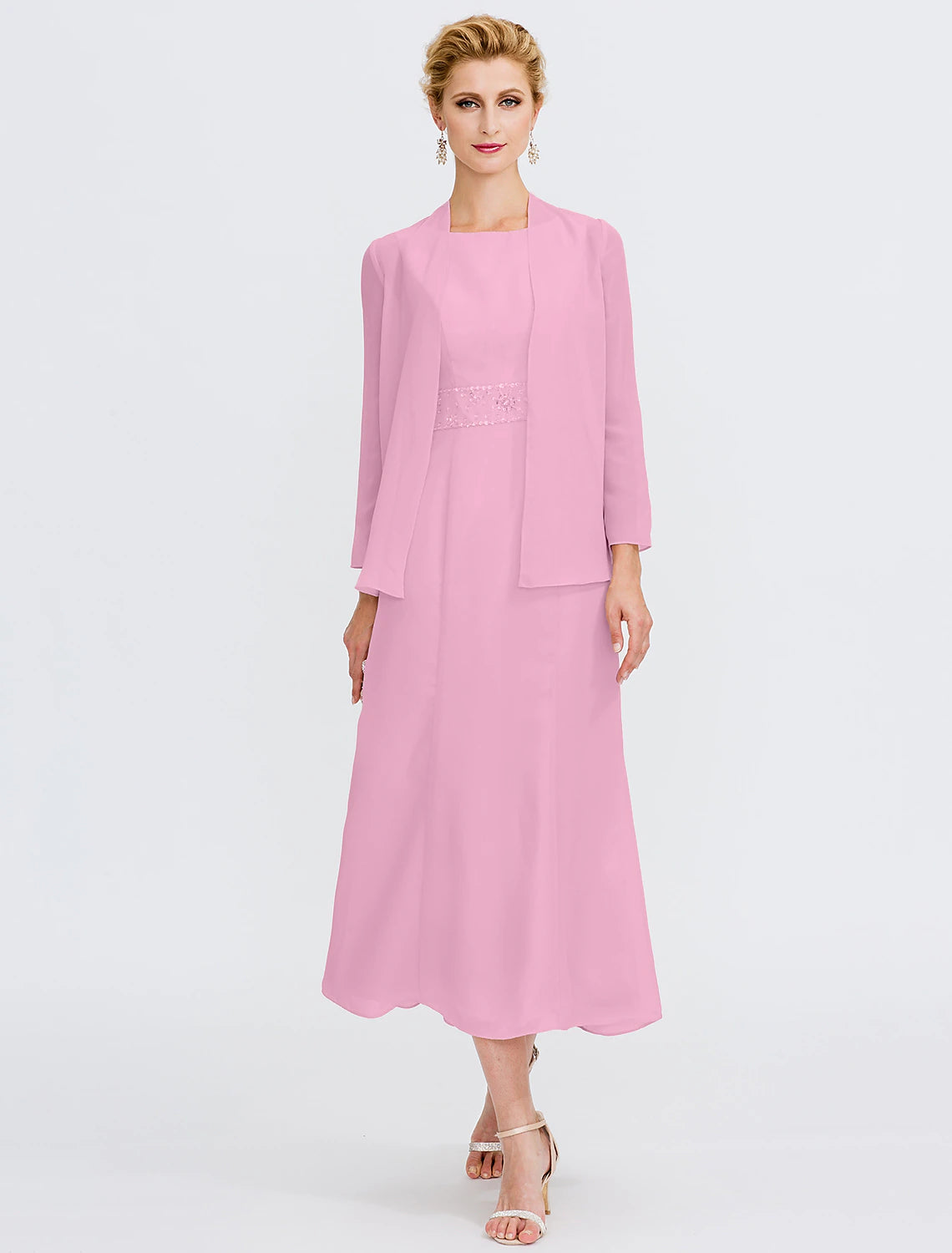 Vestido de dos piezas tipo tubo/columna para madre de la novia, para invitadas de boda de otoño, talla grande, elegante, cuello joya, largo hasta la rodilla, de gasa, sin mangas, cruzado, incluido con faja/cinta, pliegues y abalorios