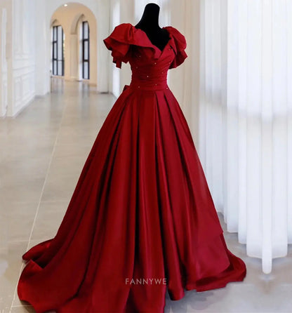 A-Line Vintage Beading Long Satin Burgundy formal dresses Bridesmaid Dresses evening gown Prom Dress