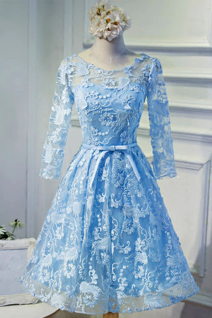 round neck lace short prom dress