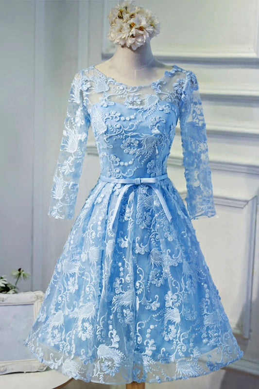 round neck lace short prom dress