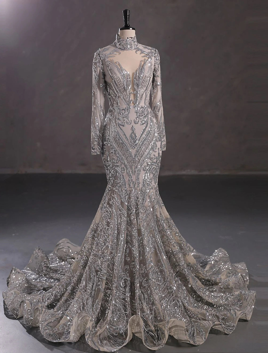 Mermaid / Trumpet Evening Gown Elegant Dress Engagement Court Train Long Sleeve Stand Collar Lace with Sequin