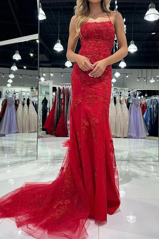 Mermaid Spaghetti Straps Long Prom Dress with Criss Cross Back