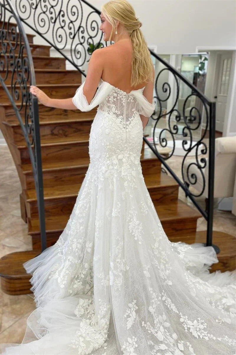 Mermaid Off-the-Shoulder Tulle Appliques Long Wedding Dress