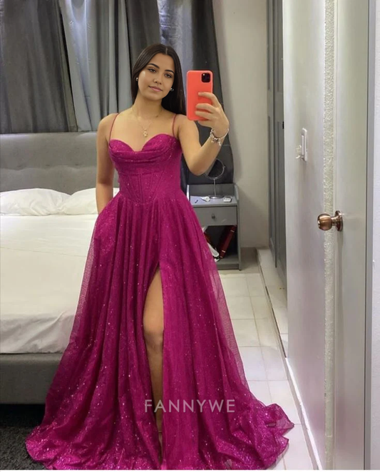 A-Linie Spaghettiträger Glänzende Fuchsia Träger Lange Abendkleider Brautjungfernkleider Abendkleid Ballkleid