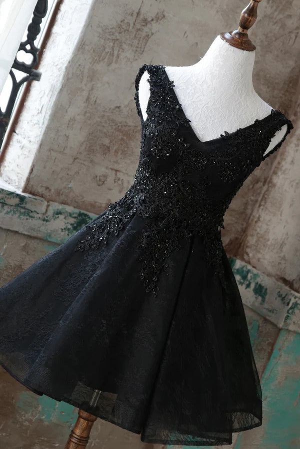 V neck tulle lace short prom dress