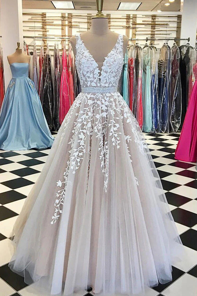 v neck tulle lace long wedding dress