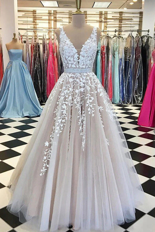 v neck tulle lace long wedding dress
