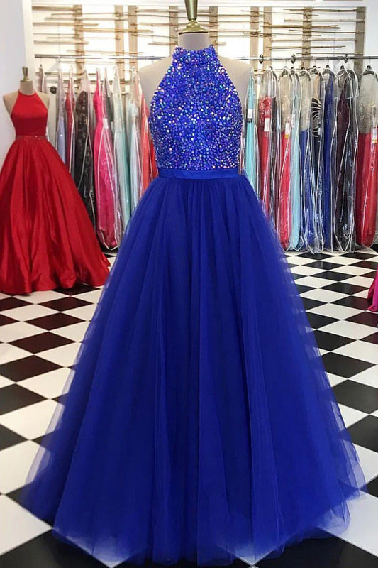 Unique tulle beads long prom dress