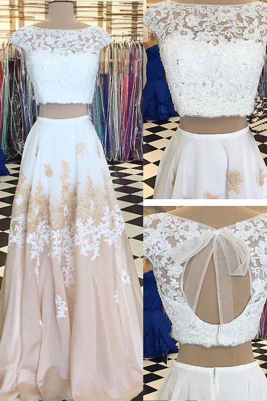 two pieces chiffon lace long prom dress