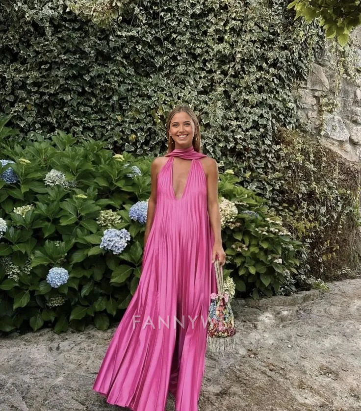 A-Line Halter Deep V Satin Pink Long formal dresses Bridesmaid Dresses evening gown Prom Dress