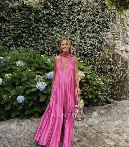 A-Line Halter Deep V Satin Pink Long formal dresses Bridesmaid Dresses evening gown Prom Dress