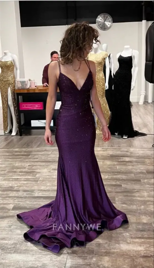 Meerjungfrau Spaghettiträger Satin Dunkelviolett Lange Abendkleider Brautjungfernkleider Abendkleid Ballkleid 