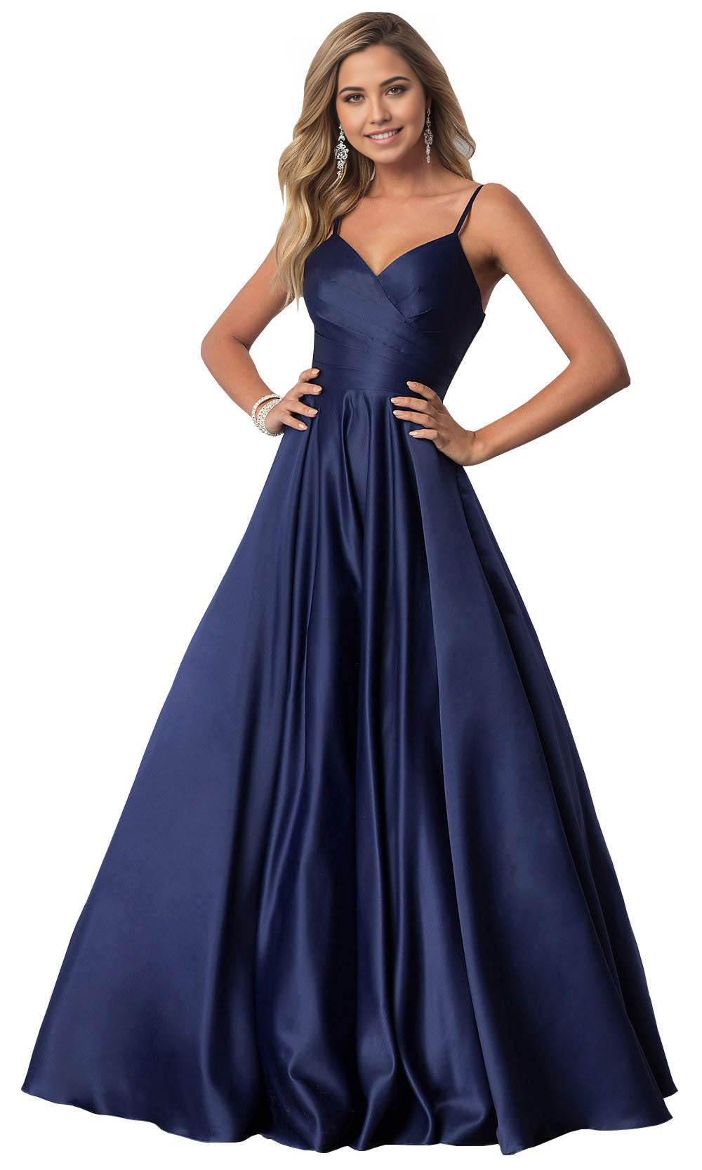 A-line V Neck Spaghetti Straps Pleated Satin Long formal dresses evening gown Prom Dress with Pockets