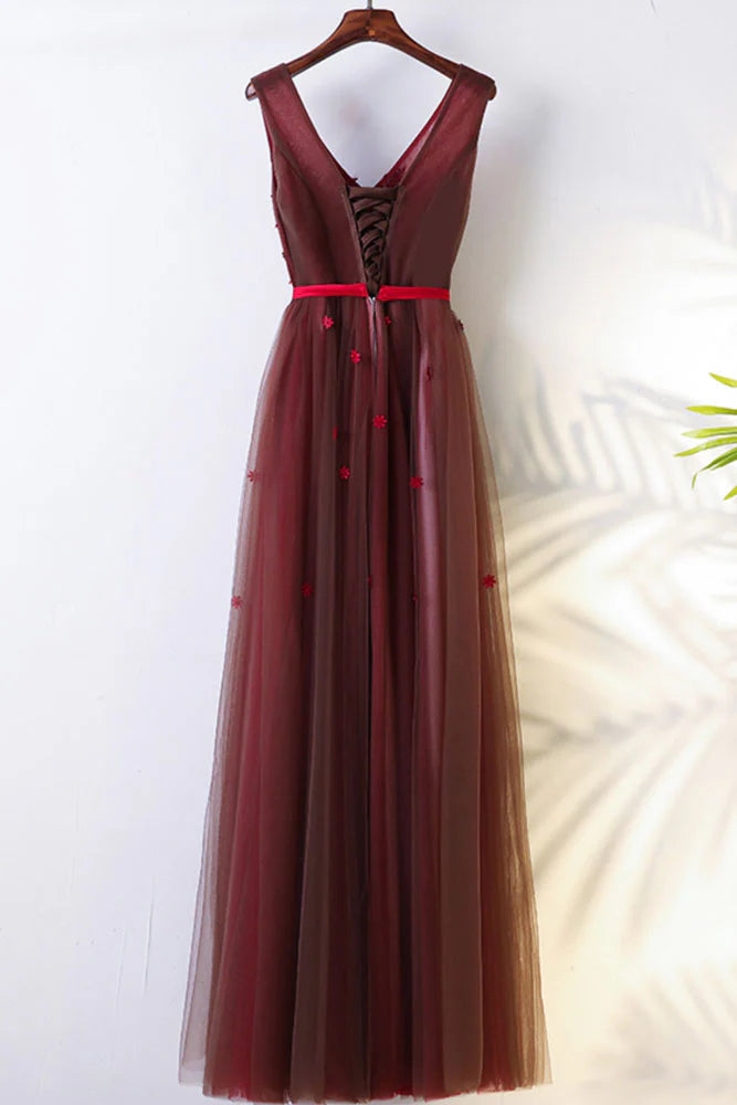V neck lace tulle long prom dress