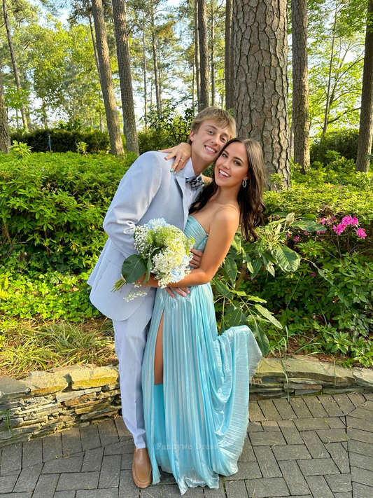 A-Linie Trägerlos Satin Hellblau Lange Abendkleider Brautjungfernkleider Abendkleid Ballkleid 