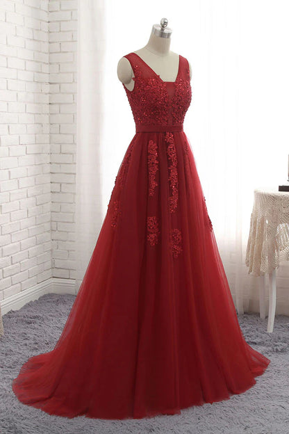 V neck tulle lace applique long prom dress