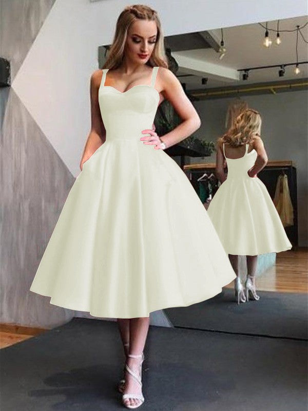 A-Line Straps Satin Sleeveless With Ruffles Tea-Length Dresses