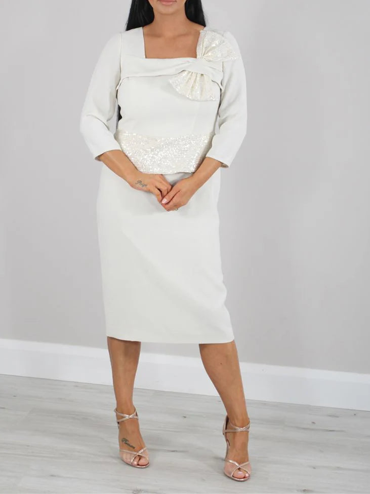A-Line 3/4 Length Sleeves Square Neck Tea-Length Mother Of The Bride Dresses